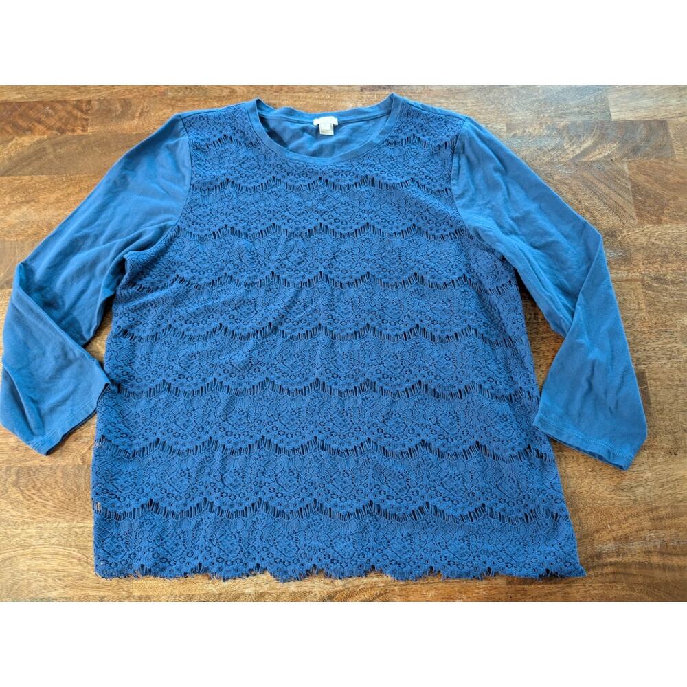 J. Crew T-Shirt Blouse Women's Size XL Blue Floral Long Sleeves Lace Applique